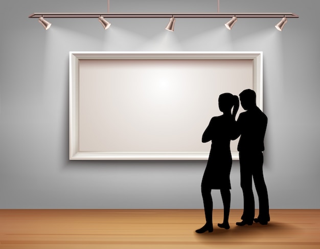 Free Vector standing people silhouettes in front of picture frame in art gallery interior 