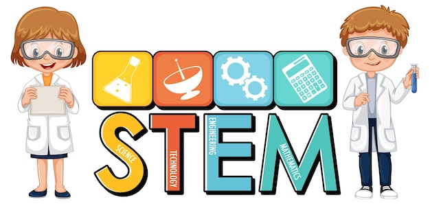 STEM education logo with scientist kids cartoon character