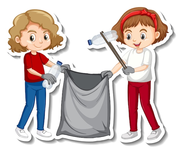 Free Vector sticker design with children collecting garbage