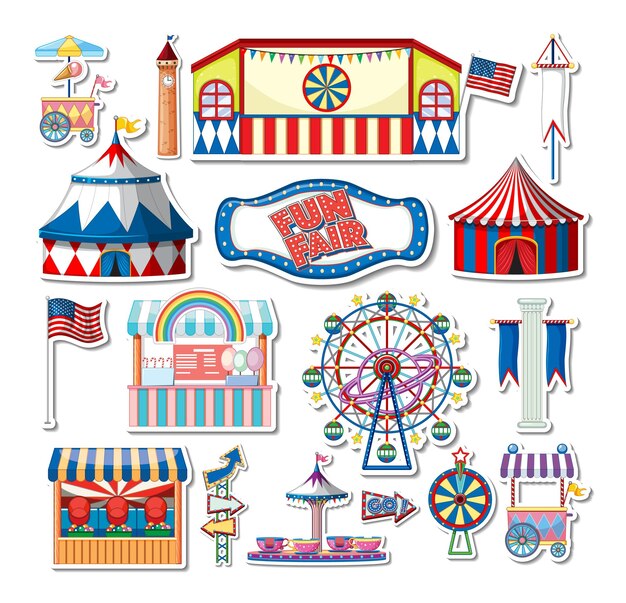 Free Vector sticker set of amusement park objects and cartoon characters