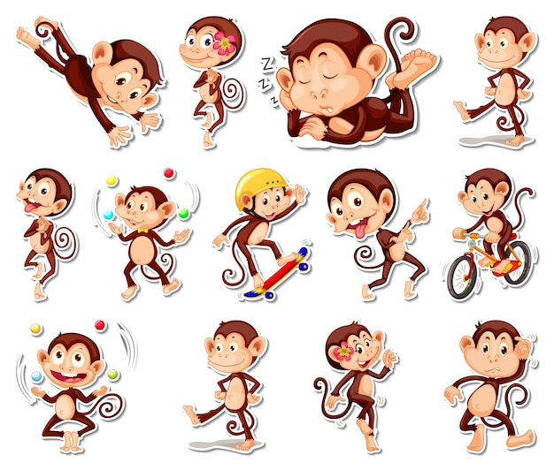 Sticker set of funny monkey cartoon characters