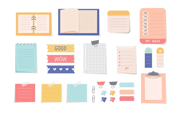 Sticky notes and notebooks flat vector illustrations set