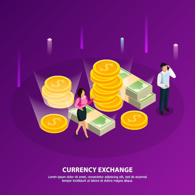 Free Vector stock exchange isometric banner with currency exchange headline and white collar make a money illustration