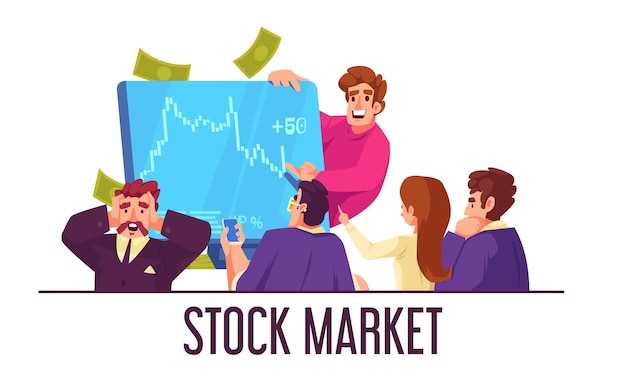 Free vector stock market cartoon composition with people watching trading chart vector illustration