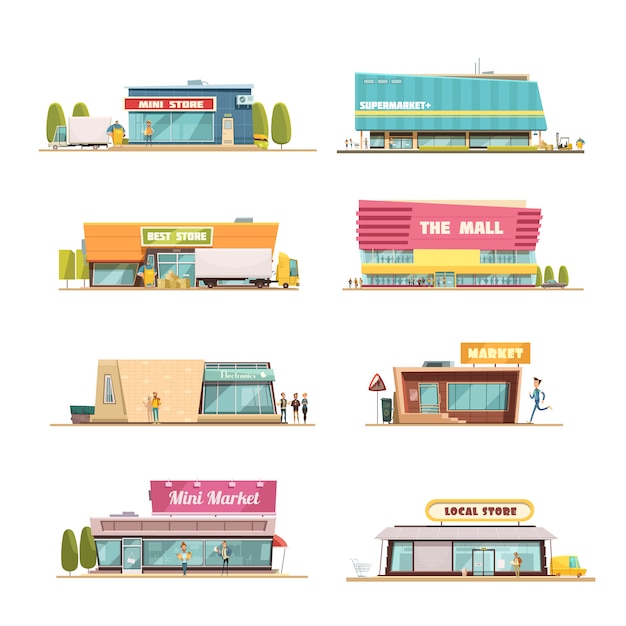 Free Vector store buildings set with mall and local shop symbols cartoon isolated vector illustration 