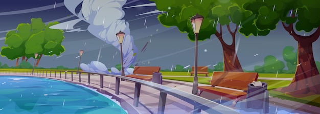 Free Vector storm wind in park near river cartoon background forest landscape illustration with hurricane weather and water puddle on road stormy vortex season environment design wooden bench on sidewalk