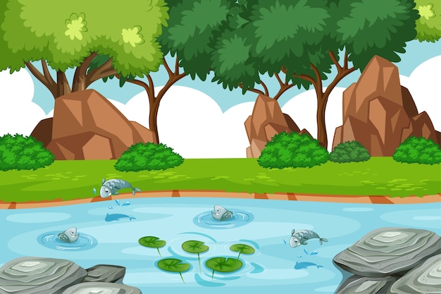 Free Vector stream in the forest scene with some fishes