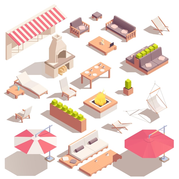 Free Vector street cafe isometric icons set with terrace furniture items isolated vector illustration