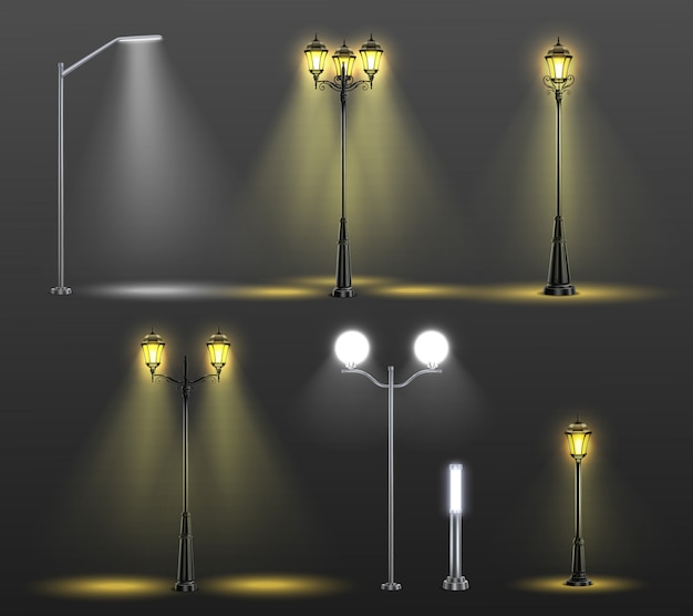 Free Vector street lights realistic composition set with six different styles and light from bulbs  illustration