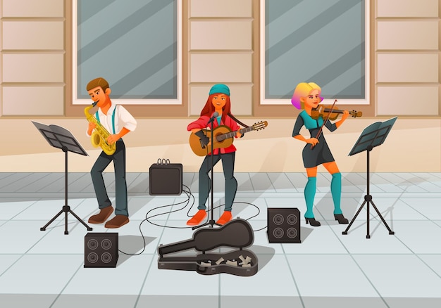 Free vector street performer artist musician dancer cartoon composition with street pavement scenery and musicians playing music instruments vector illustration