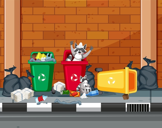 Street scene with raccoons eating from trash