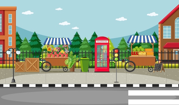 Free vector street side scene with flower cart and fruit cart scene