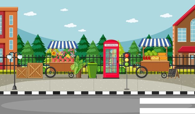 Street side scene with flower cart and fruit cart scene