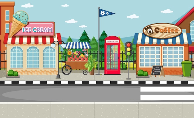 Free vector street side scene with ice cream shop and coffee shop scene