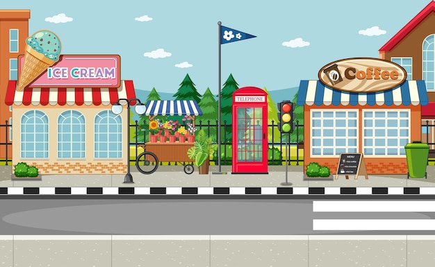 Free vector street side scene with ice cream shop and coffee shop
