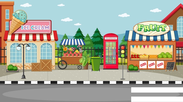 Free vector street side scene with ice cream shop and fruit shop