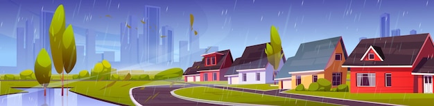 Free Vector suburb district with houses in rain