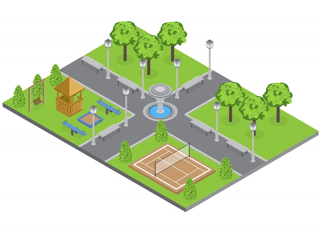 Suburbia park with trees lawn and sports ground isometric