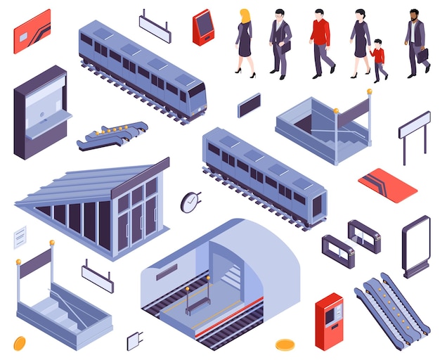 Free Vector subway metro stations entry ticket gate exit staircases escalators train carriage railway people isometric set illustration