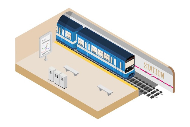 Free vector subway station isometric illustration empty underground platform modern city travel system 3d speed train on railroad tracks public urban transportation