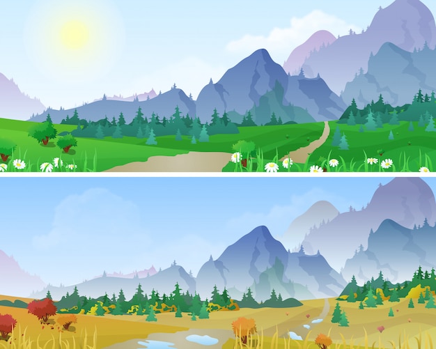 Free Vector summer and autumn mountains landscapes vector illustration.