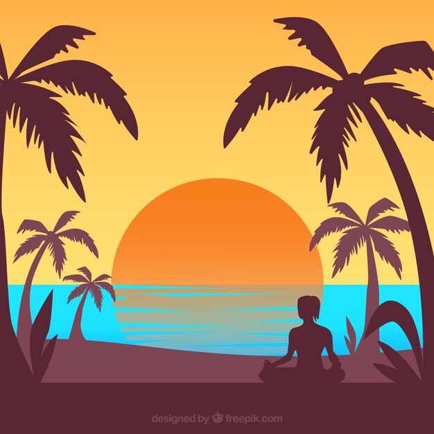 Summer backgroud with sunset and palm trees silhouette