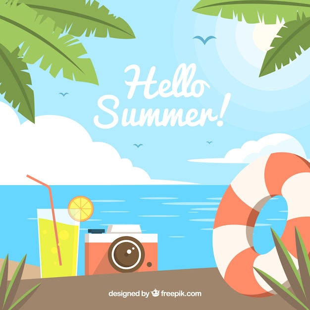 Free vector summer background with beach view and elements