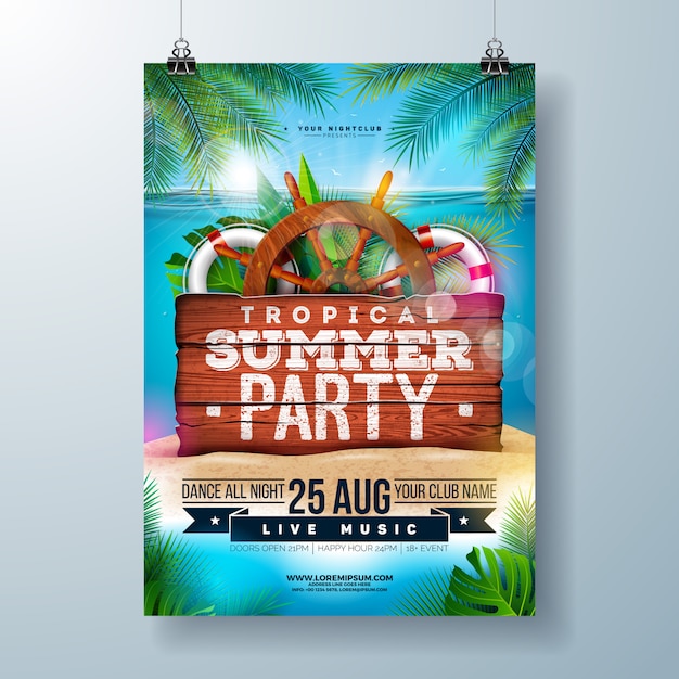 Summer Beach Party Flyer with Tropical Palm Leaves and Shipping Elements