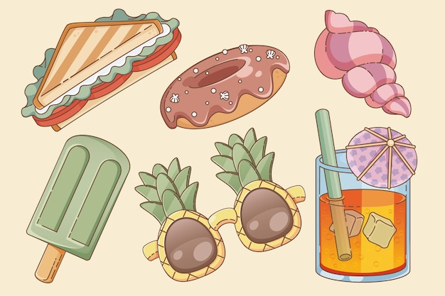 Free vector summer beach picnic food and accessories set