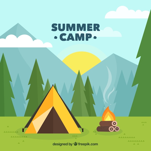 Free Vector summer camp background with tent and campfire