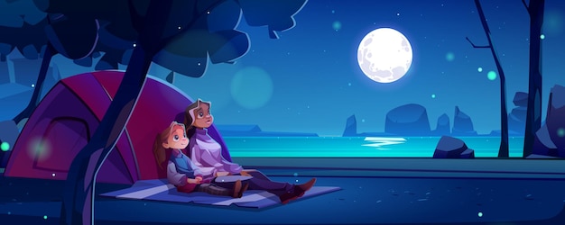 Free vector summer camp with woman and girl sitting on blanket at night. vector cartoon landscape with river, trees, rocks and campsite with tent and mother with child watching on sky with moon and stars