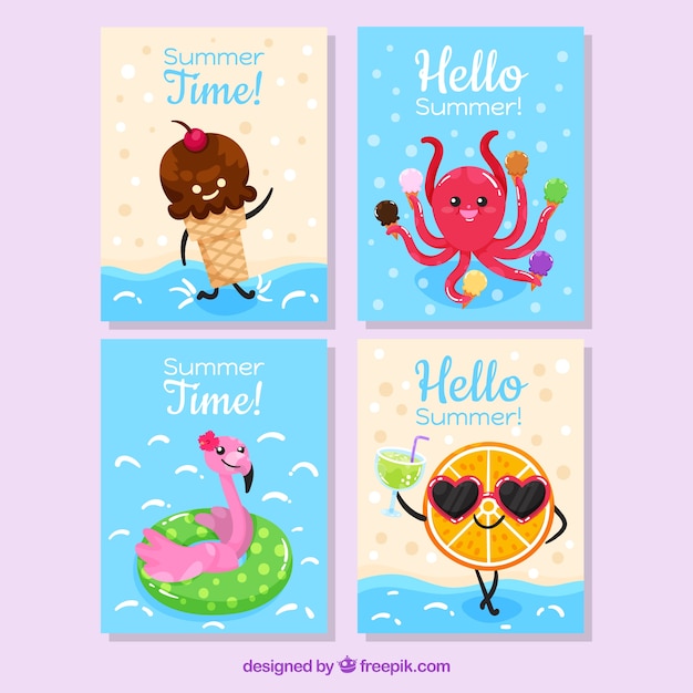 Free Vector summer cards collection with cute cartoons