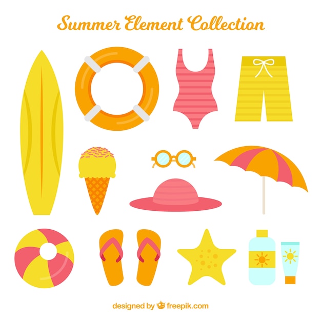 Free Vector summer elements collection with clothes and food in flat style