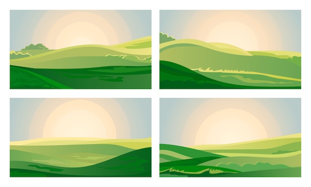 Free Vector summer green landscape field dawn above hills with grass.