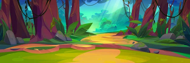 Free vector summer jungle forest landscape with sun light ray