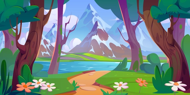 Free vector summer landscape with forest lake and mountains