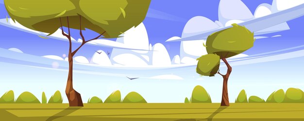 Summer landscape with green grass, bushes and trees. Vector cartoon illustration of nature scene with spring lawn, clouds and flying birds in blue sky. Rural meadow, pasture or garden scenery