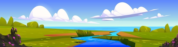 Free Vector summer landscape with river flowing into sea