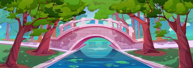 Free vector summer park landscape with bridge over pond