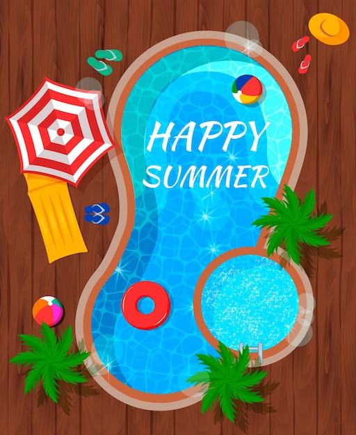 Free Vector summer pool with beach accessories and palm trees top view flat composition on wooden