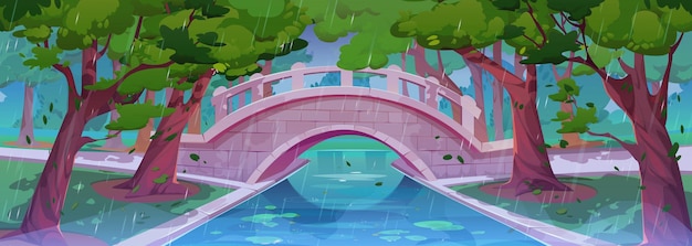 Free vector summer rainy park landscape with bridge over pond