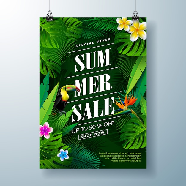 Free Vector summer sale banner template with flower, toucan bird and exotic leaves