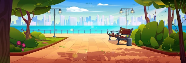 Free vector summer or spring city public park with bench lantern and trees on shore of river or lake against backdrop of highrise buildings cartoon vector landscape of town street garden with woods and flowers