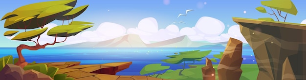 Free vector summer sunny landscape with lake and mountains