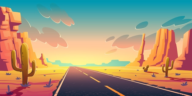 Free Vector sunset in desert with road, cactuses and rocks