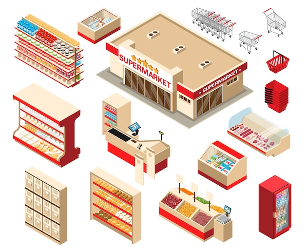 Free Vector supermarket interior isometric set of fruits and vegetables trays fresh meet counter and checkouts isolated on white background vector illustration