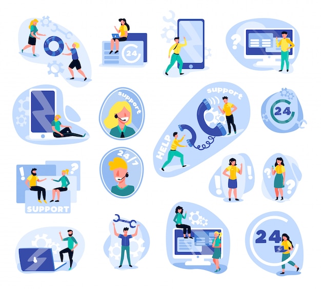 Free Vector support call centre set of isolated icons with doodle human characters gadgets icons