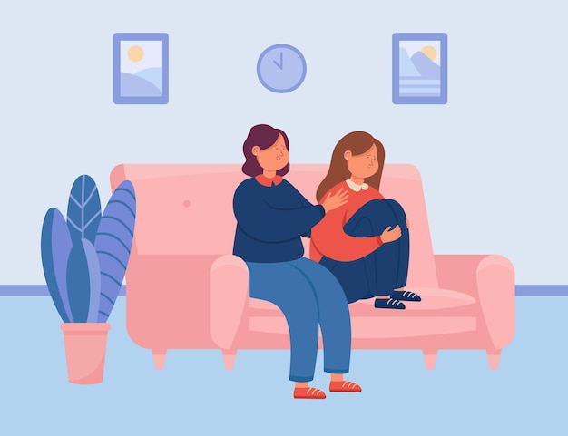 Free Vector support to depressed sad girl from friend, mother or sister. women sitting on couch together, comforting talk between people flat vector illustration. empathy, mental help in depression concept