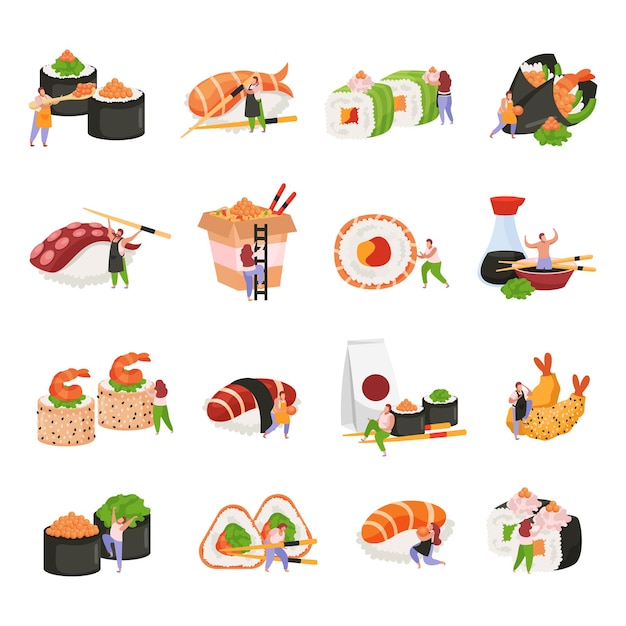 Free vector sushi flat icon set with gunkan maki nigiri temaki sashimi and maki tempura and wok vector illustration