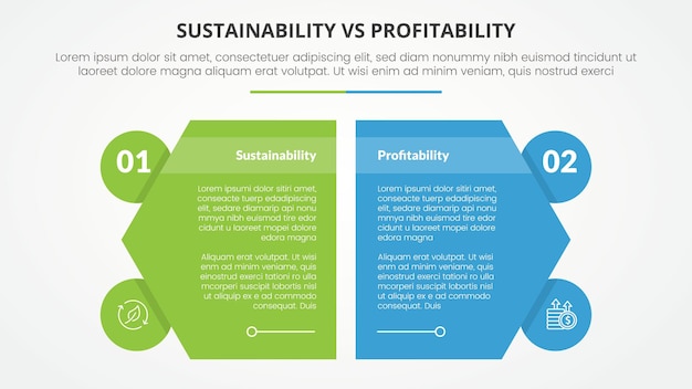 Free Vector sustainability versus profitability comparison opposite infographic concept for slide presentation with creative hexagon slice with circle badge with flat style